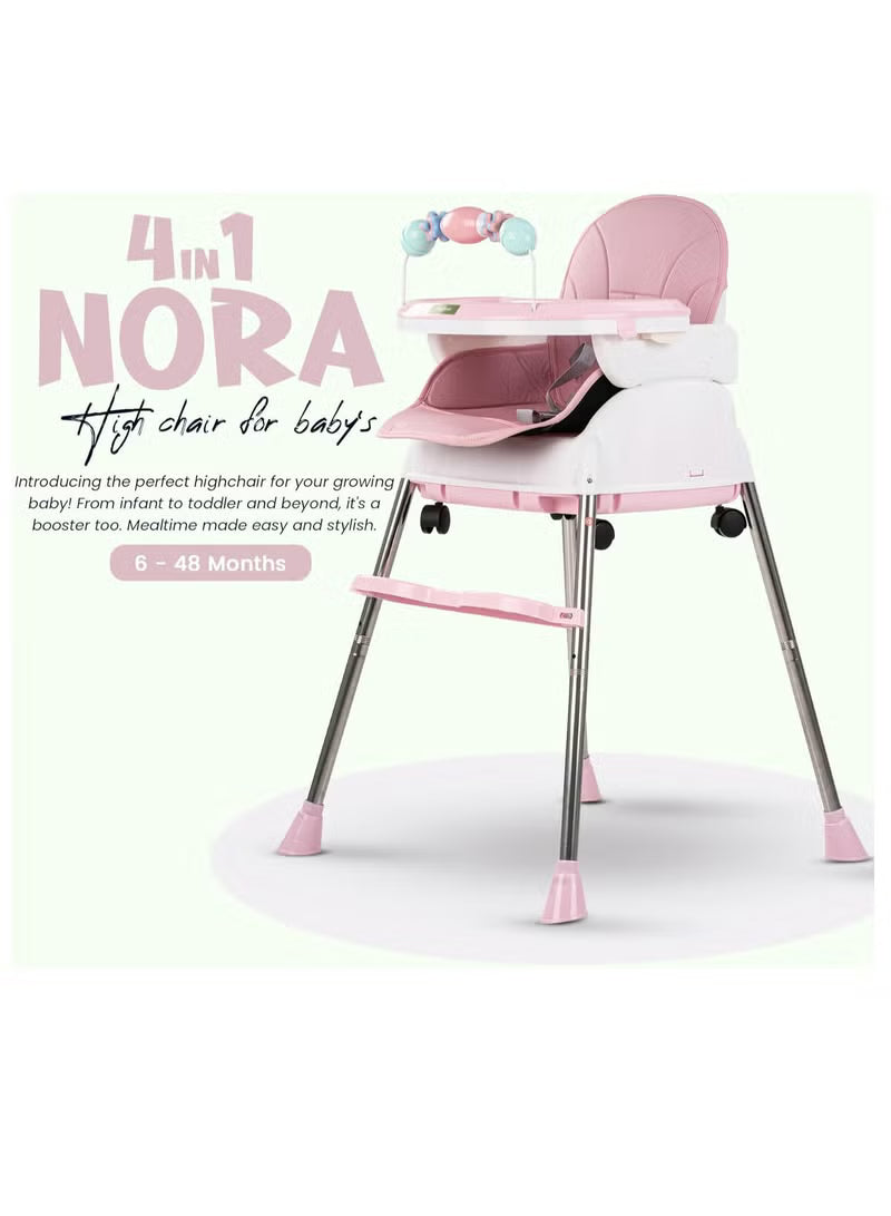 Happy Kiddo 4-in-1 Convertible High Chair for Kids – Features adjustable height and footrest to enhance toddler feeding; includes tray, wheels, safety harness, and cushion; suitable for ages 6 months to 4 years (Pink).