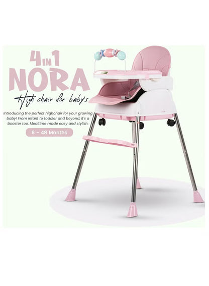 Happy Kiddo 4-in-1 Convertible High Chair for Kids – Features adjustable height and footrest to enhance toddler feeding; includes tray, wheels, safety harness, and cushion; suitable for ages 6 months to 4 years (Pink).