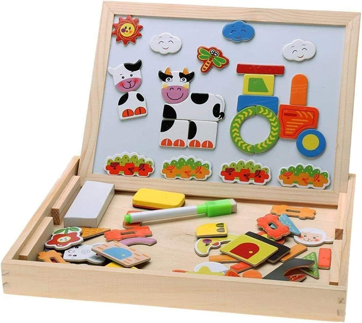 Magnetic Wooden Toy Box for Kids | Drawing Board and Animal & Farm Shape Assembly Set