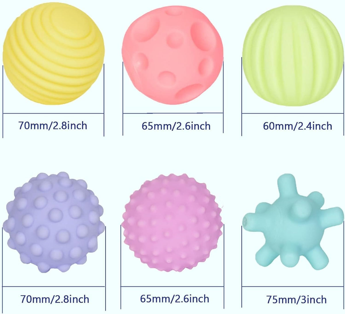 Happy Kiddo Sensory Ball Set (6-in-1) – Soft, squeezable, and squeaky textured balls for newborns and toddlers; BPA-free, ideal for early development and bath time play.