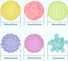 Happy Kiddo Sensory Ball Set (6-in-1) – Soft, squeezable, and squeaky textured balls for newborns and toddlers; BPA-free, ideal for early development and bath time play.