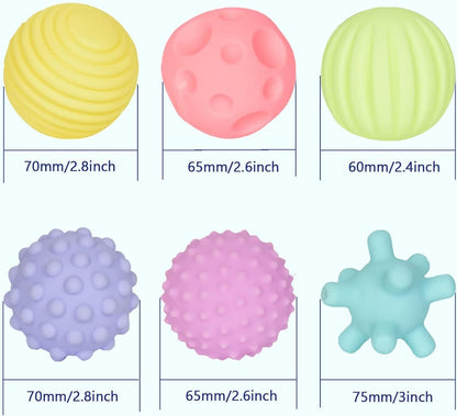 Happy Kiddo Sensory Ball Set (6-in-1) – Soft, squeezable, and squeaky textured balls for newborns and toddlers; BPA-free, ideal for early development and bath time play.