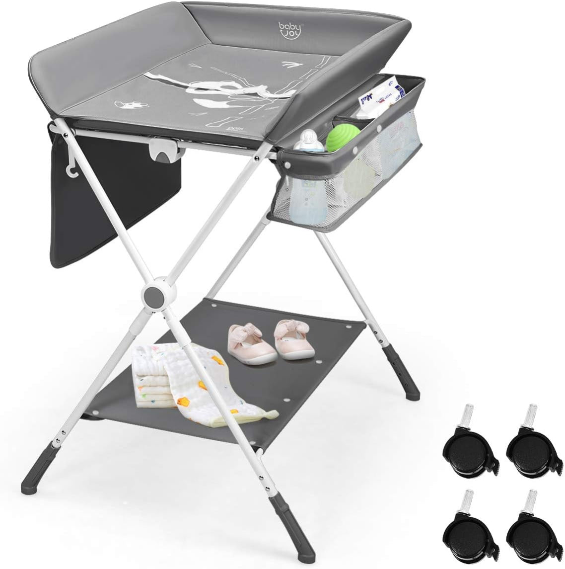 A foldable baby changing and dressing table, featuring storage baskets and side pockets, a spacious bottom shelf, and wheels for easy mobility—the ideal, practical solution for every mother to make baby care easier and more comfortable!