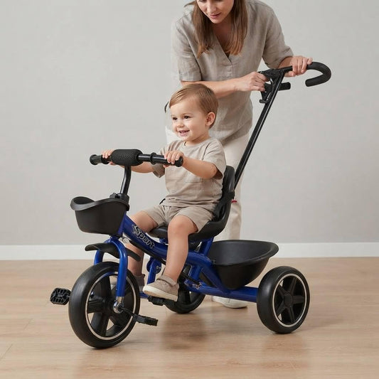Happy Kiddo Blue Tricycle with Push Handle Wheeled Bike Featuring a Basket and Sporty Design for Fun Times with Your Child