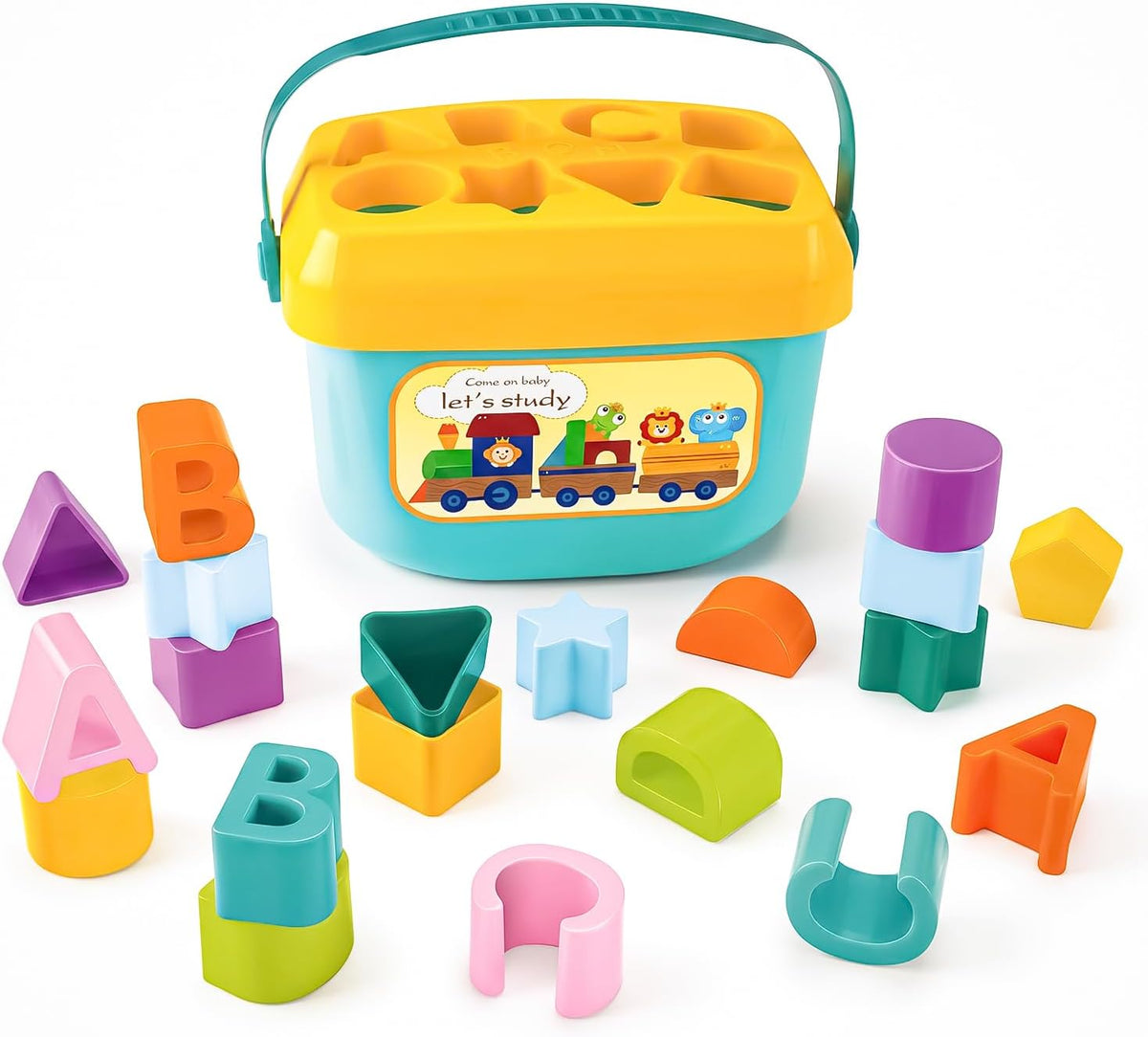 Shape-Sorting Cube Toy: Kids' Toy Storage Bucket with Handle, Shape Sorter and Alphabet Blocks | Educational Sorting and Stacking Cube for Toddlers (Ages 1+) and Boys