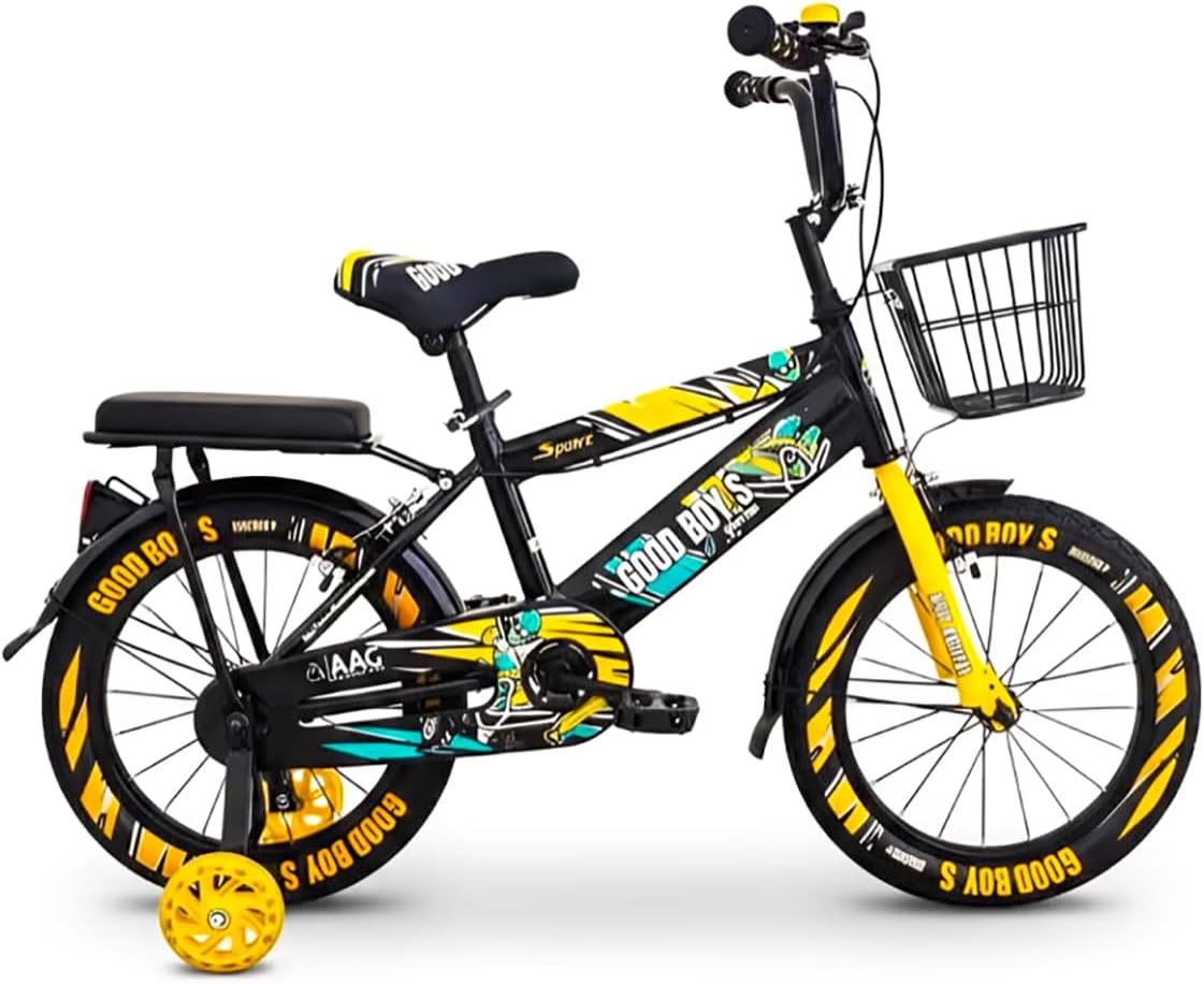 Good Boys 16-Inch Kids Bicycle with Training Wheels, Front Basket, and Rear Passenger Seat - Black & Yellow By Happy Kiddo