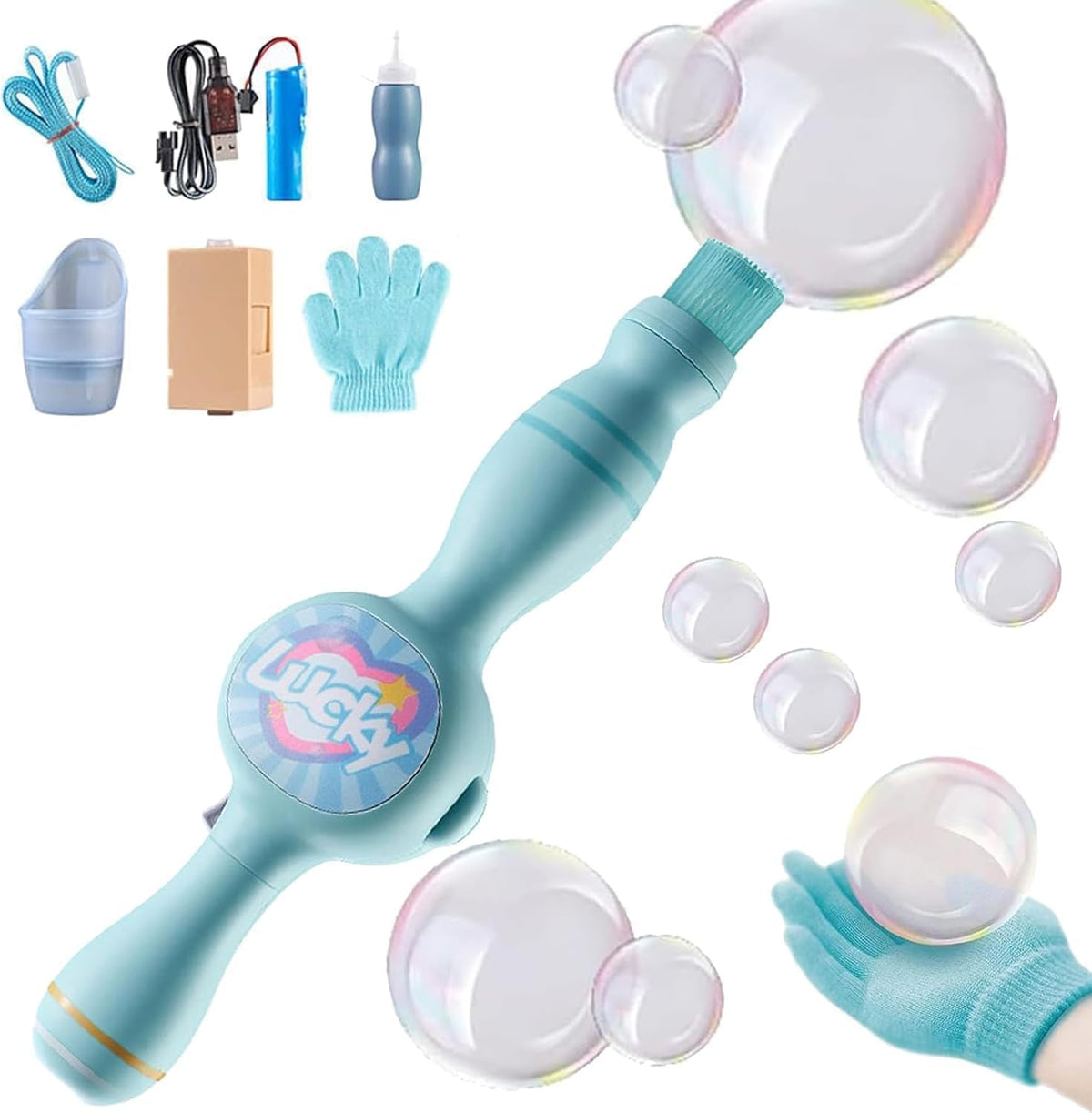 Happy Kiddo Bubble Wand – Interactive, mobile-friendly mist bubble machine featuring flexible inner bubbles and smoke-filled bubbles of the perfect size (Blue).