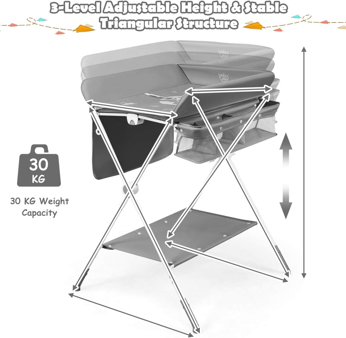 A foldable baby changing and dressing table, featuring storage baskets and side pockets, a spacious bottom shelf, and wheels for easy mobility—the ideal, practical solution for every mother to make baby care easier and more comfortable!