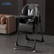 The Kidilo premium high chair features a luxurious, comfortable design suitable for mealtime. It comes equipped with a harness featuring multiple safety points and a cup holder, and boasts a sturdy, stable frame, distinctive wheels, and a seat (Black).