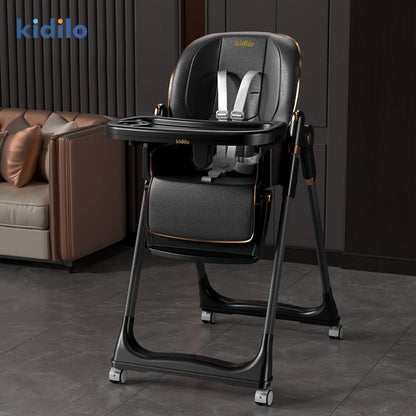 The Kidilo premium high chair features a luxurious, comfortable design suitable for mealtime. It comes equipped with a harness featuring multiple safety points and a cup holder, and boasts a sturdy, stable frame, distinctive wheels, and a seat (Black).