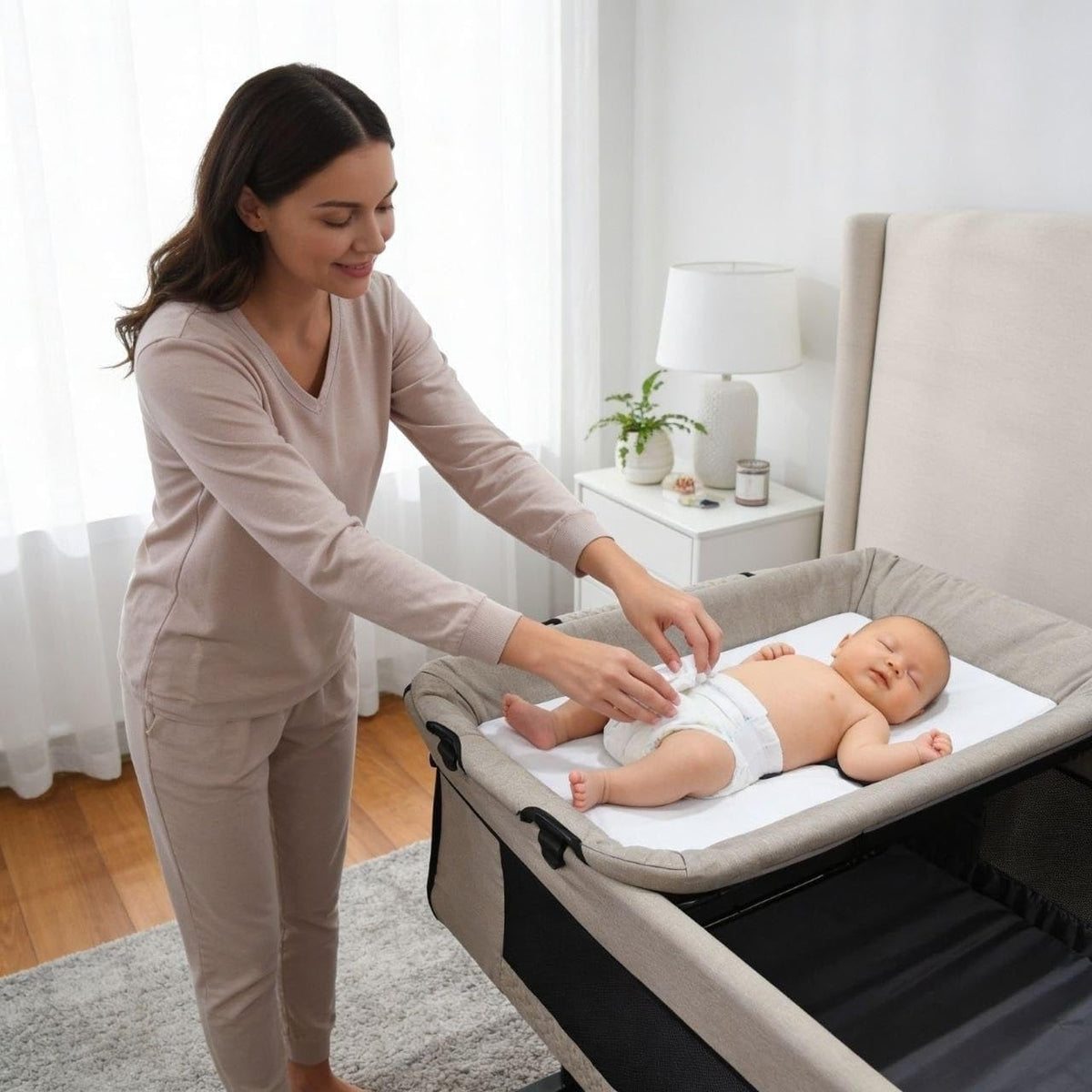 2-in-1 Baby Bassinet and Bedside Sleeper with Changing Table, Adjustable Height, and Breathable Mesh.(Beige) BY Happy Kiddo