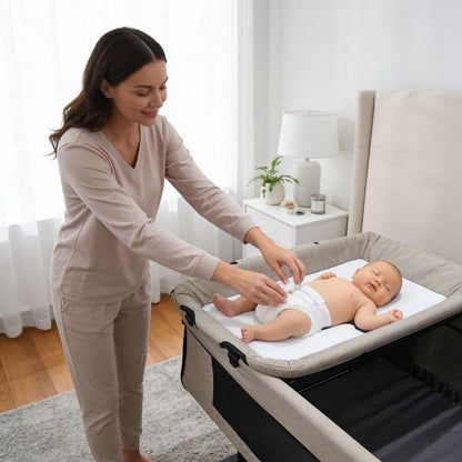 2-in-1 Baby Bassinet and Bedside Sleeper with Changing Table, Adjustable Height, and Breathable Mesh.(Beige) BY Happy Kiddo