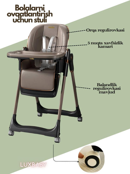 The Kidilo high chair features a modern design and an elegant gray color, providing comfort and safety for your child during mealtime. It is equipped with a comfortable, padded seat and a safety harness to keep the child secure (Gray).