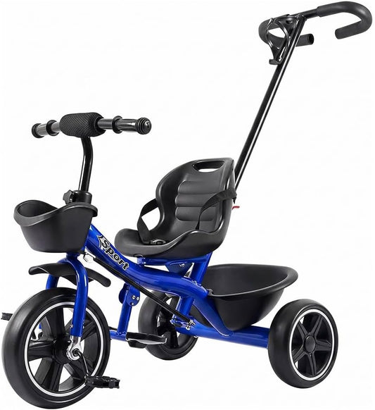 Happy Kiddo Blue Tricycle with Push Handle Wheeled Bike Featuring a Basket and Sporty Design for Fun Times with Your Child