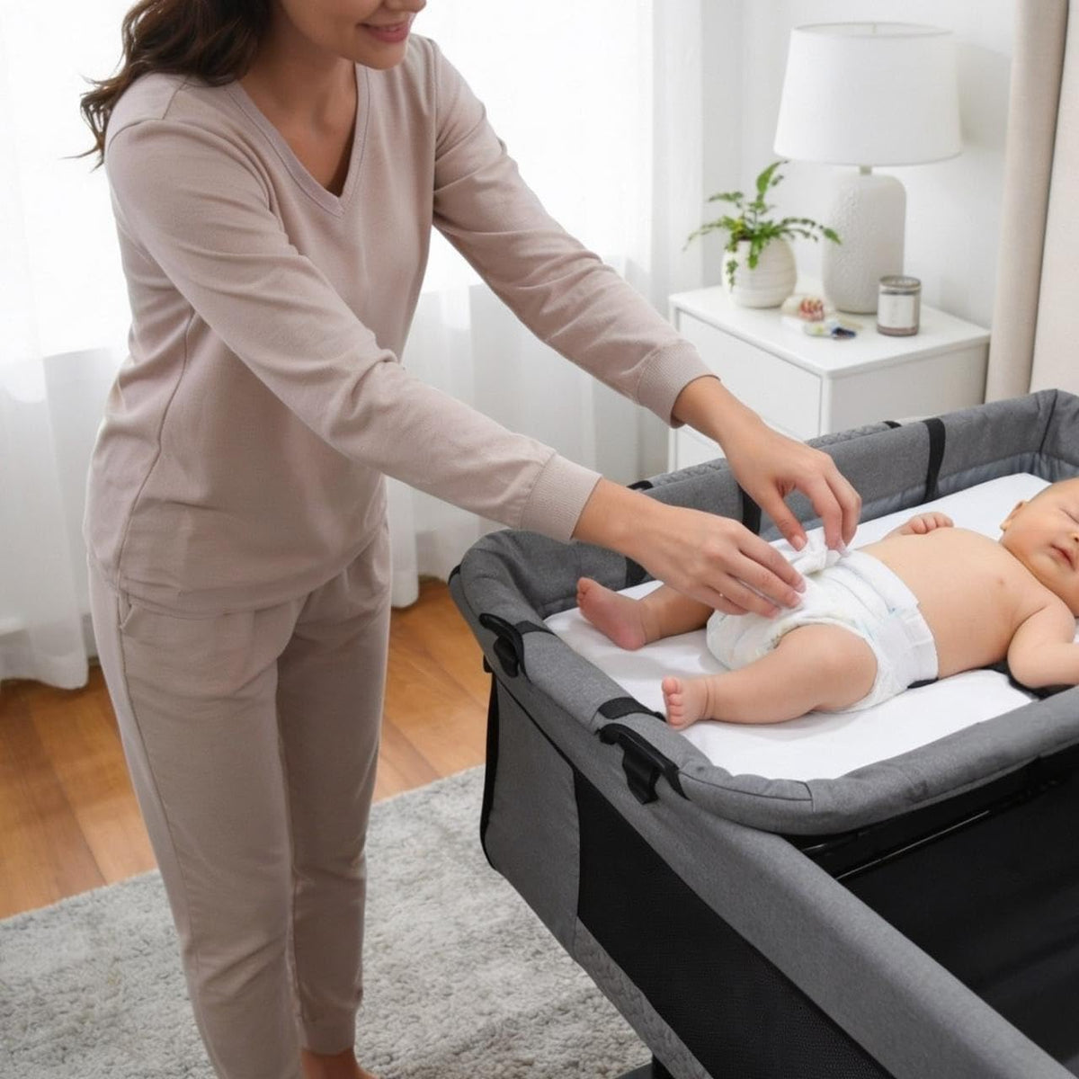 2-in-1 Baby Bassinet and Bedside Sleeper with Changing Table, Adjustable Height, and Breathable Mesh.(Light Gray) BY Happy Kiddo