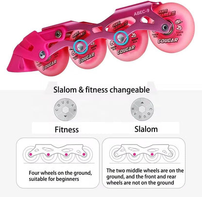 🔥 Cougar 313  Inline Skates for Kids – Adjustable Size (35–38), Featuring LED Lights, in a Stylish Pink Color 🔥