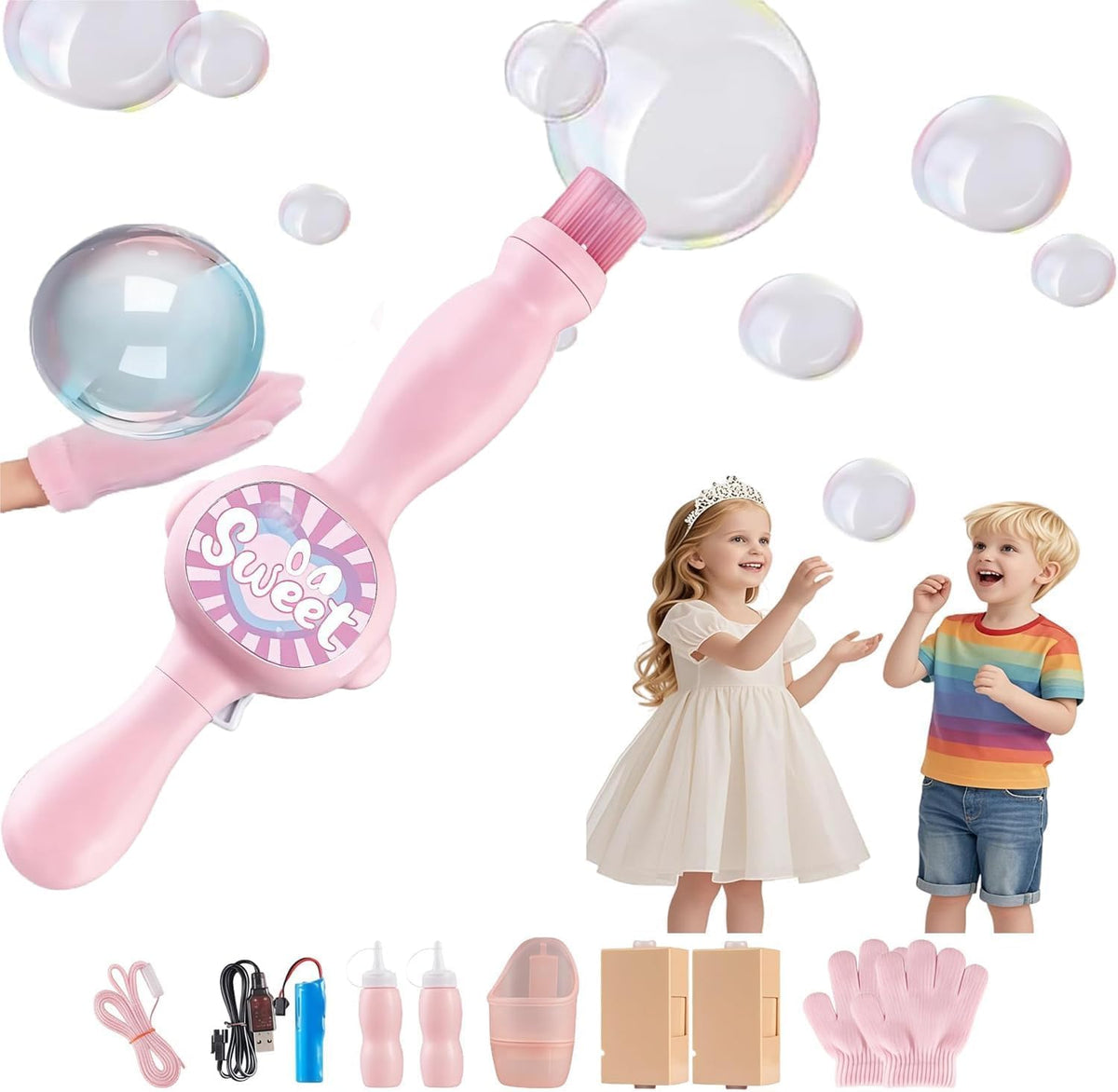 Happy Kiddo Bubble Wand – Interactive, mobile-friendly mist bubble machine featuring flexible inner bubbles and smoke-filled bubbles of the perfect size (Pink).