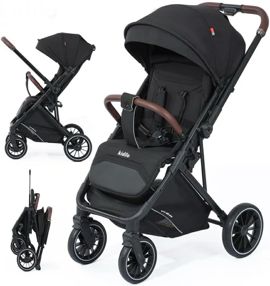 Kidlio 6530 black Baby Stroller – Foldable Lightweight Travel Pram with Adjustable Canopy, Safety Harness & Large Storage Basket