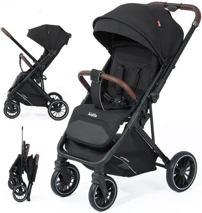 Kidlio 6530 black Baby Stroller – Foldable Lightweight Travel Pram with Adjustable Canopy, Safety Harness & Large Storage Basket