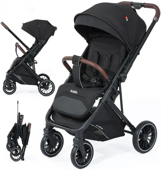 Kidlio 6530 black Baby Stroller – Foldable Lightweight Travel Pram with Adjustable Canopy, Safety Harness & Large Storage Basket