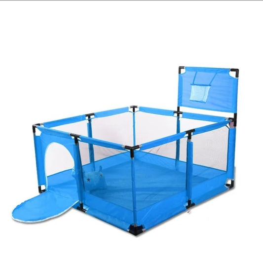 Happy Kiddo Modular Baby Playpen – Foldable, with Basketball Hoop and 50 Balls, Sturdy Structure, Easy to Assemble (Dark Blue, 126 x 126 cm)