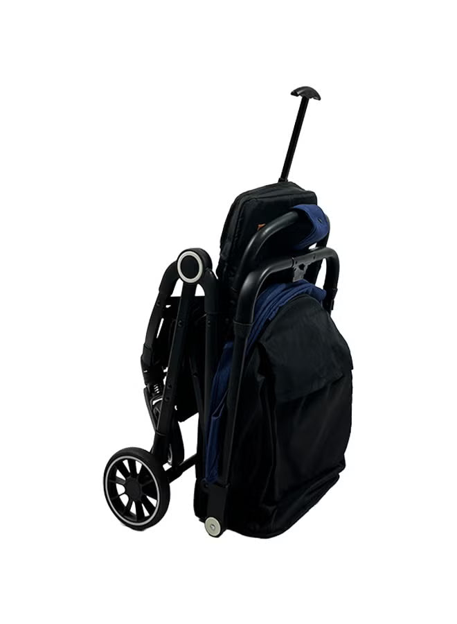 Foldable and lightweight baby stroller -flexible wheels and a protective canopy, blue