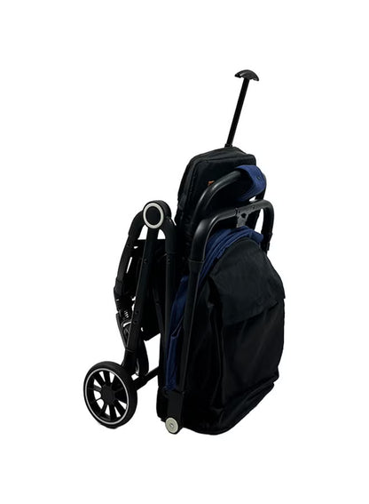 Foldable and lightweight baby stroller -flexible wheels and a protective canopy, blue