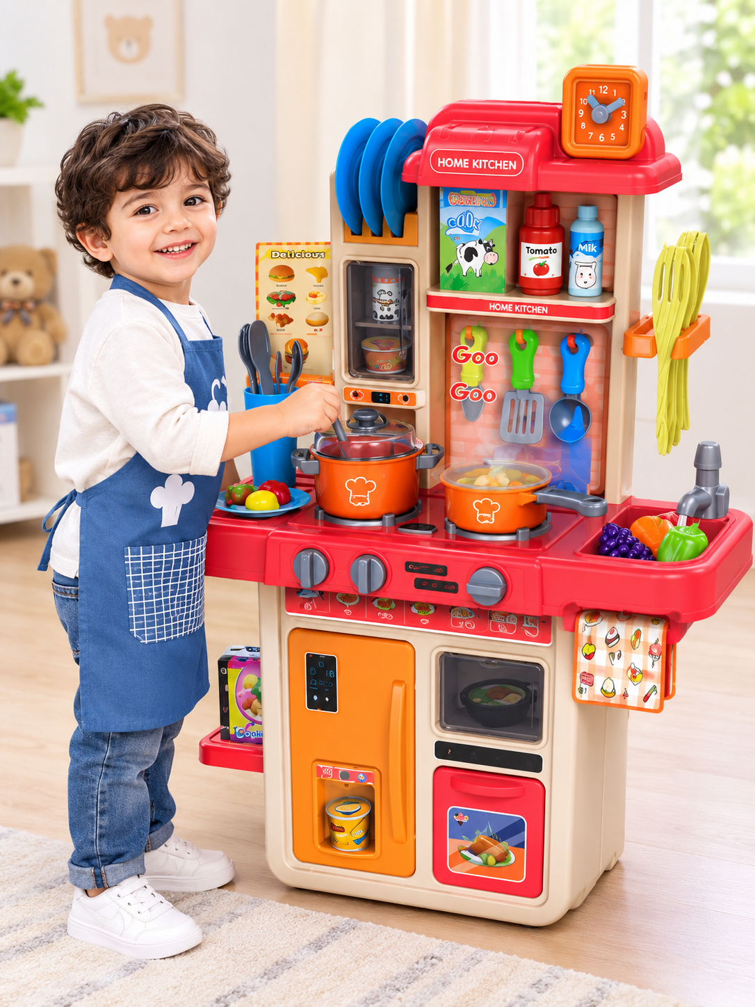 Happy Kiddo Kids' Kitchen Playset – Simulation Toy with Water Spray Feature and Play Cutlery; 42-Piece Set Including Fruit, Vegetables, and Tea Accessories; Educational Toy for Early Childhood Development