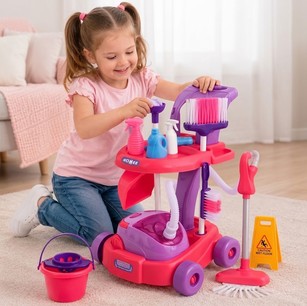 Happy Kiddo Kids' Cleaning Playset with Trolley, Broom, Mop, and Accessories – Educational Toy