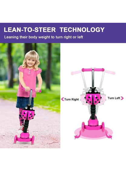 Happy Kiddo Magic Scooter for Kids 🛴✨ – Cute ladybug design with a push handle and wheels that light up while moving PINK !