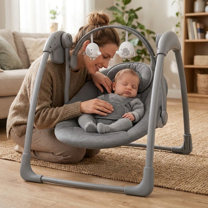Mastela portable grey baby swing featuring a compact, foldable design, adjustable hanging toys, and a chevron-patterned seat for your baby's comfort and safety.