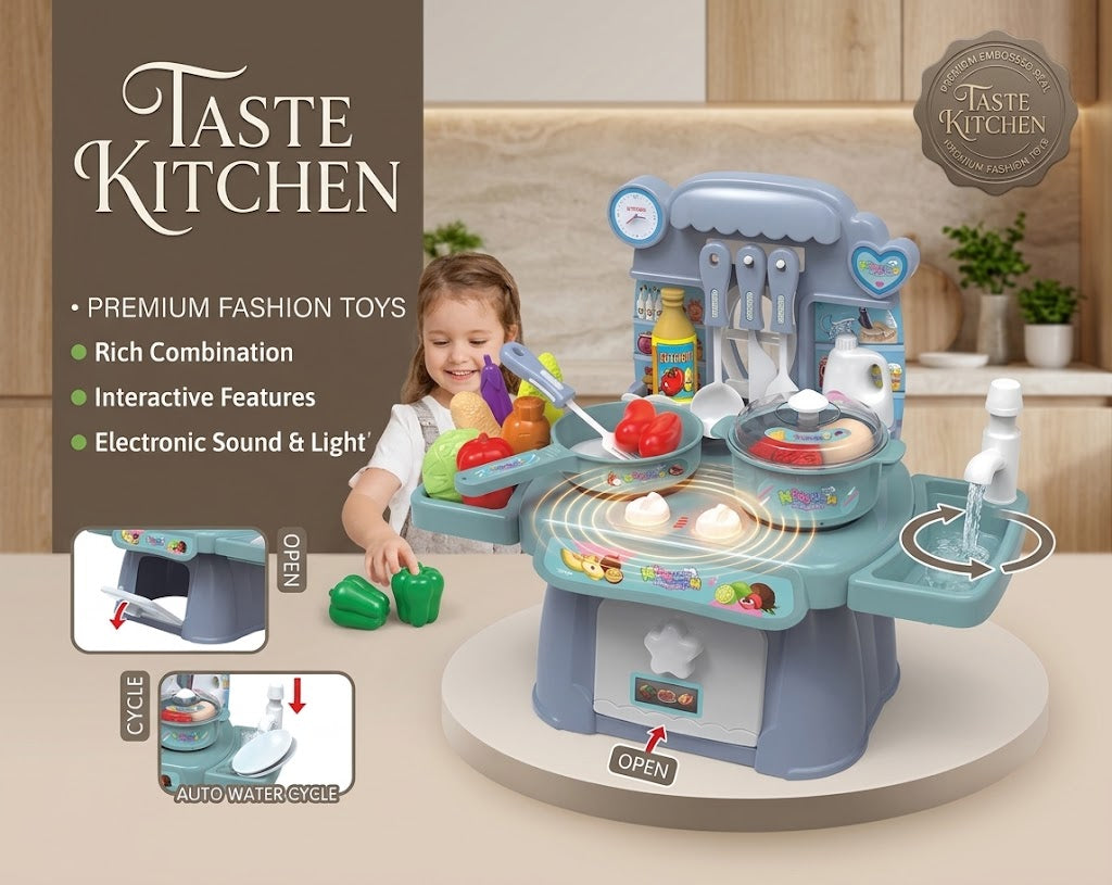 Modern Interactive Kids’ Kitchen (Taste Kitchen) – features lights, sounds, and a real water-pumping function for endless fun! 🍳🔊💧✨
