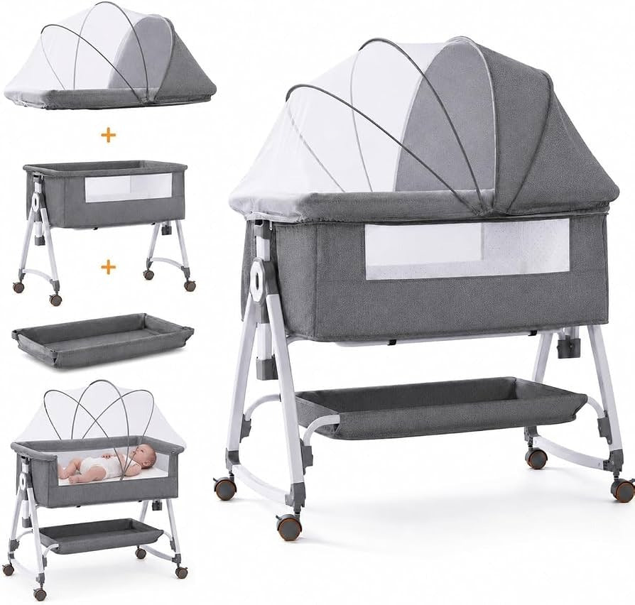 Kidilo Multifunctional 4-in-1 Foldable Bedside Crib: A portable newborn bassinet and infant travel bed featuring a large storage basket, soft bedding, 3-level adjustable height, and a mosquito net(Gray).