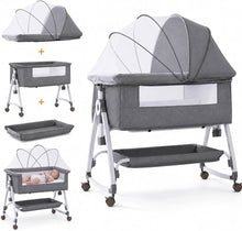Kidilo Multifunctional 4-in-1 Foldable Bedside Crib: A portable newborn bassinet and infant travel bed featuring a large storage basket, soft bedding, 3-level adjustable height, and a mosquito net(Gray).