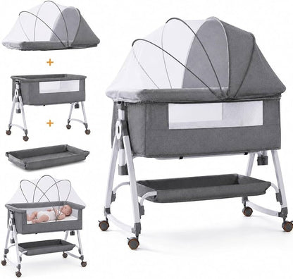 Kidilo Multifunctional 4-in-1 Foldable Bedside Crib: A portable newborn bassinet and infant travel bed featuring a large storage basket, soft bedding, 3-level adjustable height, and a mosquito net(Gray).