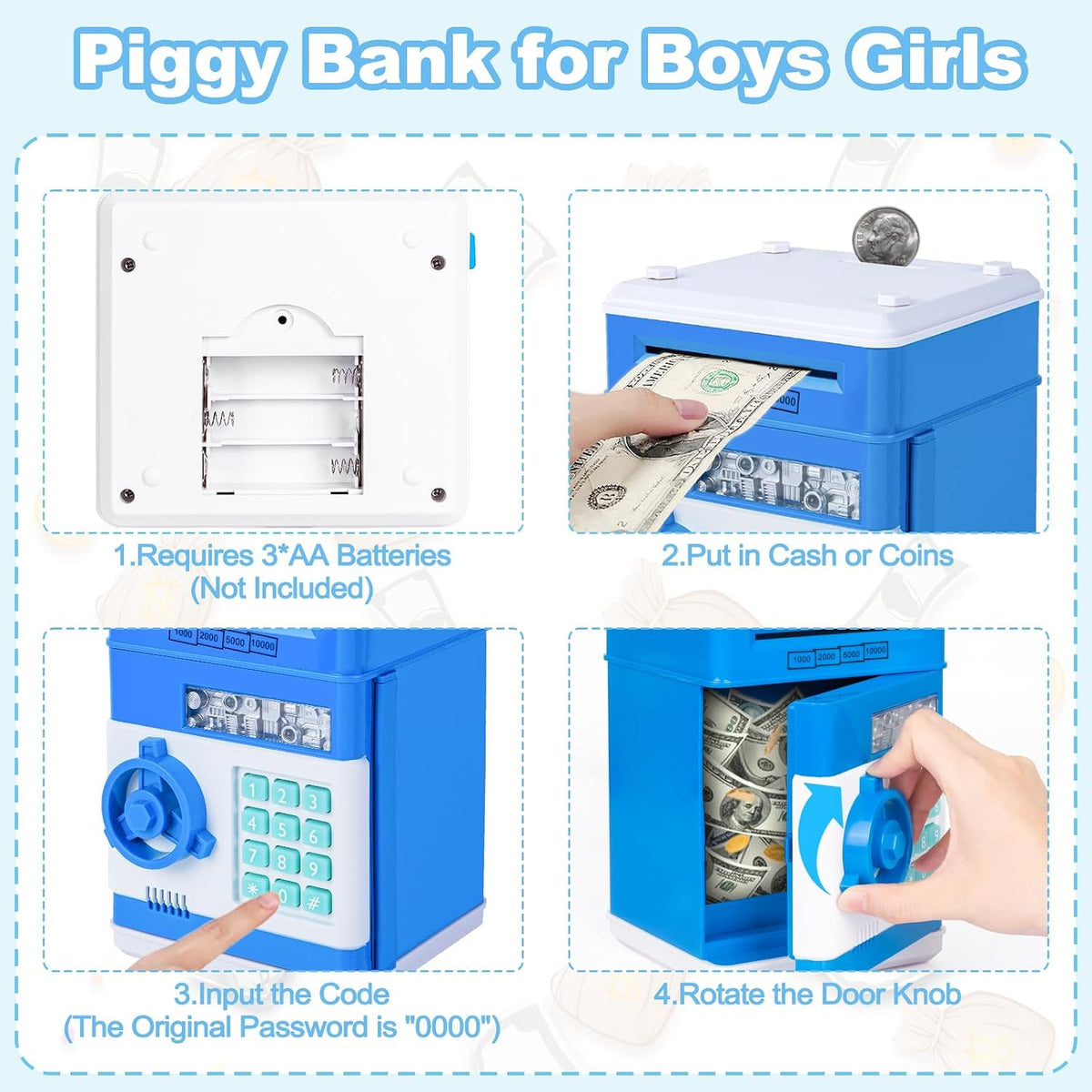 A safe coin bank toy—a perfect birthday gift for boys and girls aged 3 to 12. This fun toy features an ATM-style design with a bank card and cash slot, serving as an electronic coin bank for kids from Happy Kiddo.
