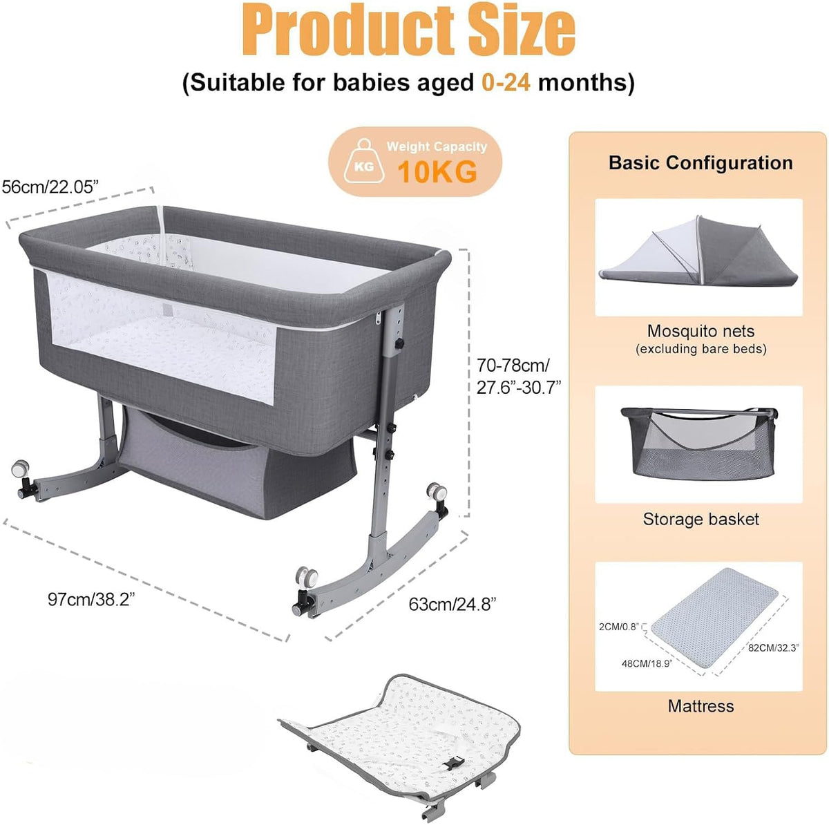 Kidilo Multifunctional 4-in-1 Foldable Bedside Crib: A portable newborn bassinet and infant travel bed featuring a large storage basket, soft bedding, 3-level adjustable height, and a mosquito net(Gray).