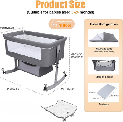 Kidilo Multifunctional 4-in-1 Foldable Bedside Crib: A portable newborn bassinet and infant travel bed featuring a large storage basket, soft bedding, 3-level adjustable height, and a mosquito net(Gray).