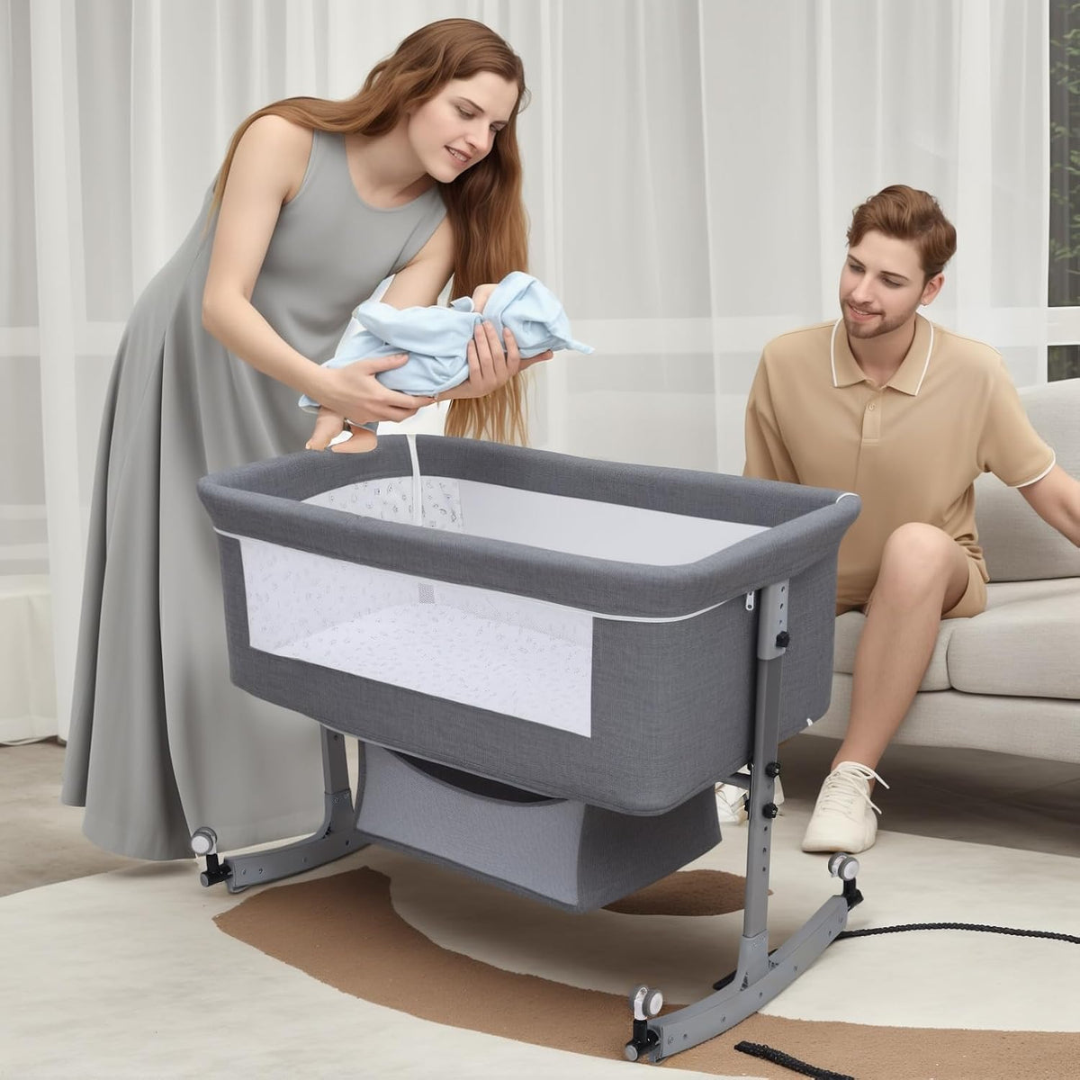 Kidilo Multifunctional 4-in-1 Foldable Bedside Crib: A portable newborn bassinet and infant travel bed featuring a large storage basket, soft bedding, 3-level adjustable height, and a mosquito net(Gray).