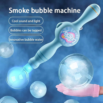 Happy Kiddo Bubble Wand – Interactive, mobile-friendly mist bubble machine featuring flexible inner bubbles and smoke-filled bubbles of the perfect size (Blue).