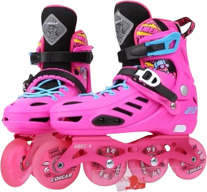 🔥 Cougar 313  Inline Skates for Kids – Adjustable Size (35–38), Featuring LED Lights, in a Stylish Pink Color 🔥