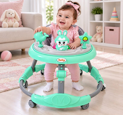 A musical baby walker with a foldable design, brought to you by Happy Kiddo for your child's comfort and happiness—safe, stable, and helpful for taking those first steps (Green).