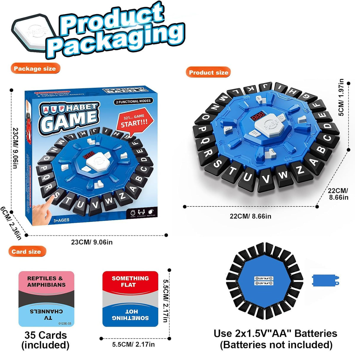 Happy Kiddo Family Word Board Game for Kids and Adults (2 Modes) – Features 220 Topic Categories, 24 Letters, Tactile Buttons, Fast-Paced Educational Fun, 35 Cards, and LCD Screen with Timer – Ideal Birthday or Holiday Gift (Blue)