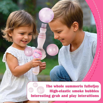 Happy Kiddo Bubble Wand – Interactive, mobile-friendly mist bubble machine featuring flexible inner bubbles and smoke-filled bubbles of the perfect size (Pink).