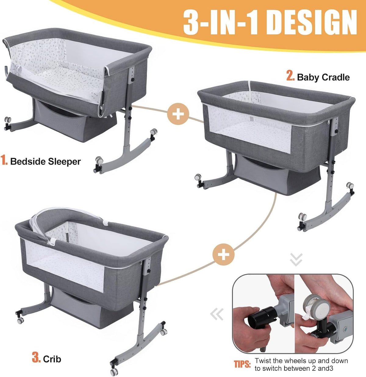 Kidilo Multifunctional 4-in-1 Foldable Bedside Crib: A portable newborn bassinet and infant travel bed featuring a large storage basket, soft bedding, 3-level adjustable height, and a mosquito net(Gray).