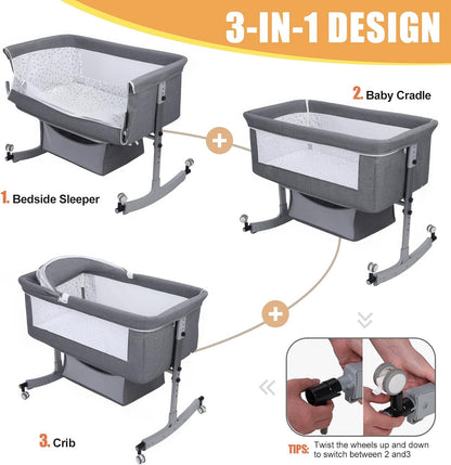 Kidilo Multifunctional 4-in-1 Foldable Bedside Crib: A portable newborn bassinet and infant travel bed featuring a large storage basket, soft bedding, 3-level adjustable height, and a mosquito net(Gray).