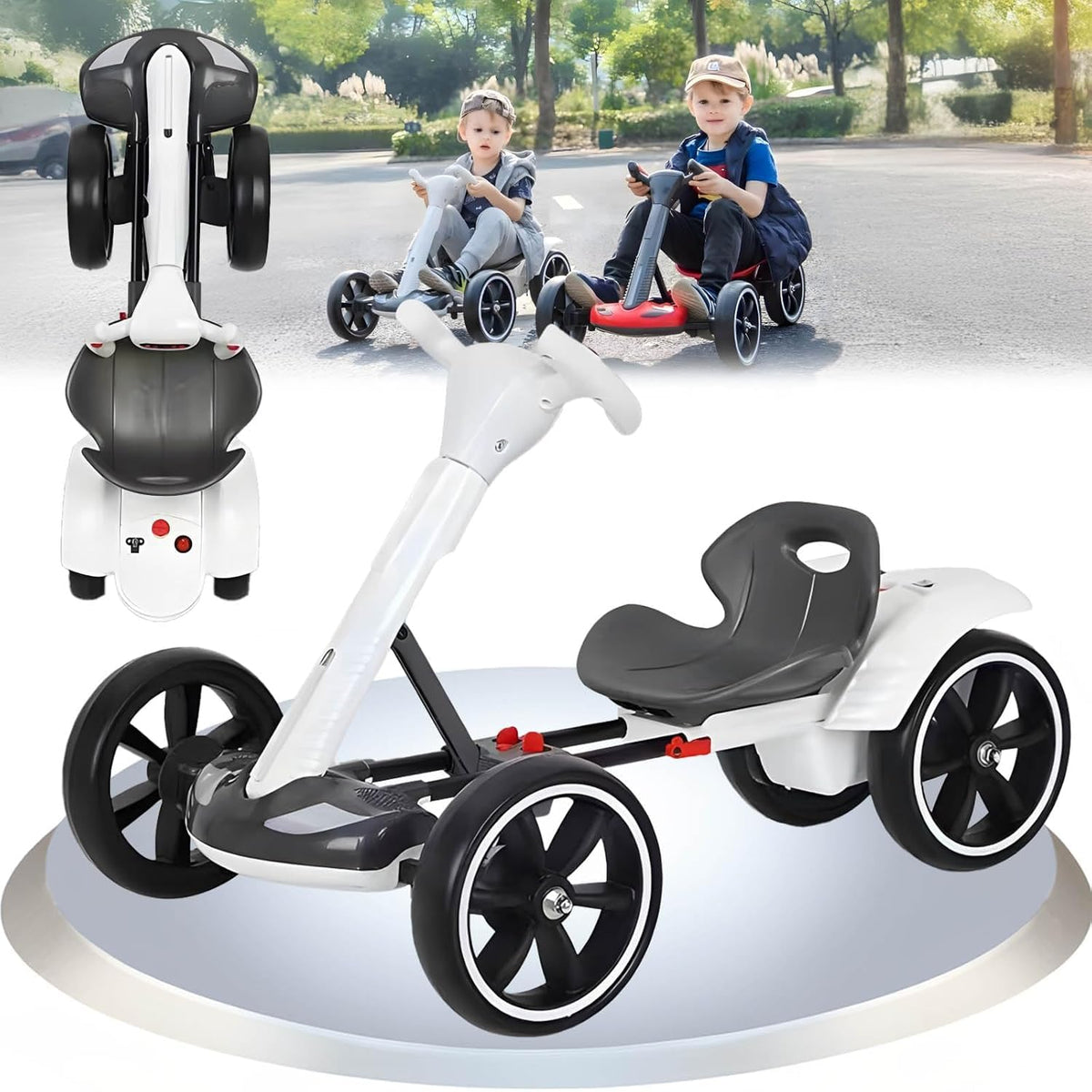 6V Foldable Electric Go Kart for Kids, Electric Ride-on Toy, Top Speed of 3 Mph, Ergonomically Adjustable Seat, EVA Wheels, with Lights and Music for Boys and Girls Aged 3-8, White