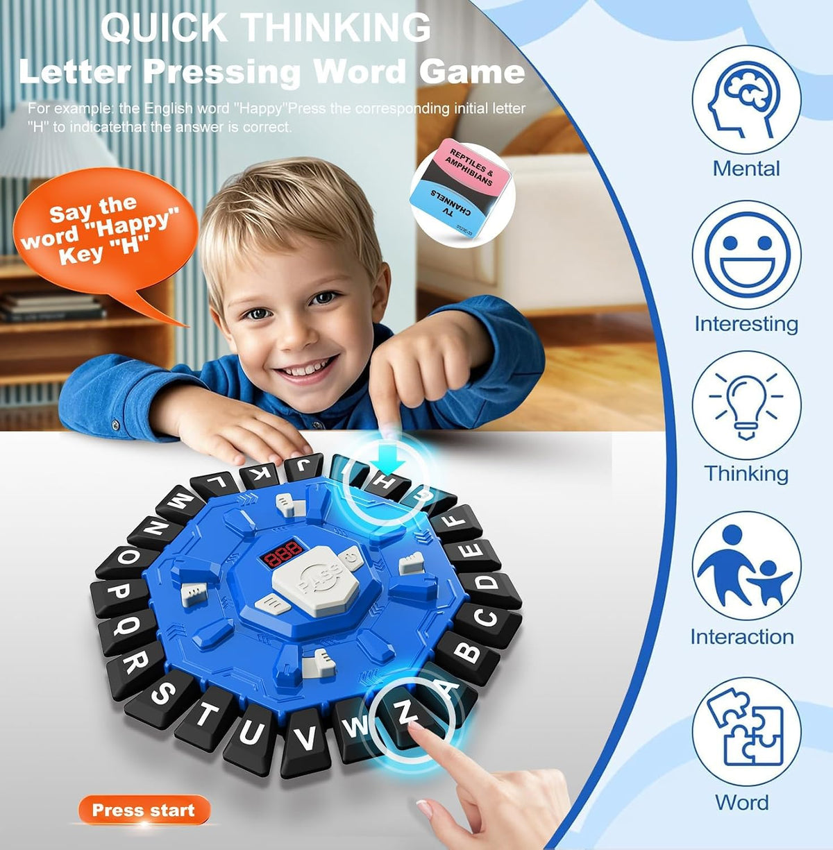 Happy Kiddo Family Word Board Game for Kids and Adults (2 Modes) – Features 220 Topic Categories, 24 Letters, Tactile Buttons, Fast-Paced Educational Fun, 35 Cards, and LCD Screen with Timer – Ideal Birthday or Holiday Gift (Blue)