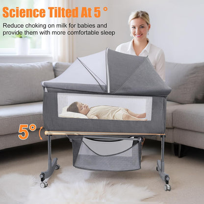 Kidilo Multifunctional 4-in-1 Foldable Bedside Crib: A portable newborn bassinet and infant travel bed featuring a large storage basket, soft bedding, 3-level adjustable height, and a mosquito net(Gray).