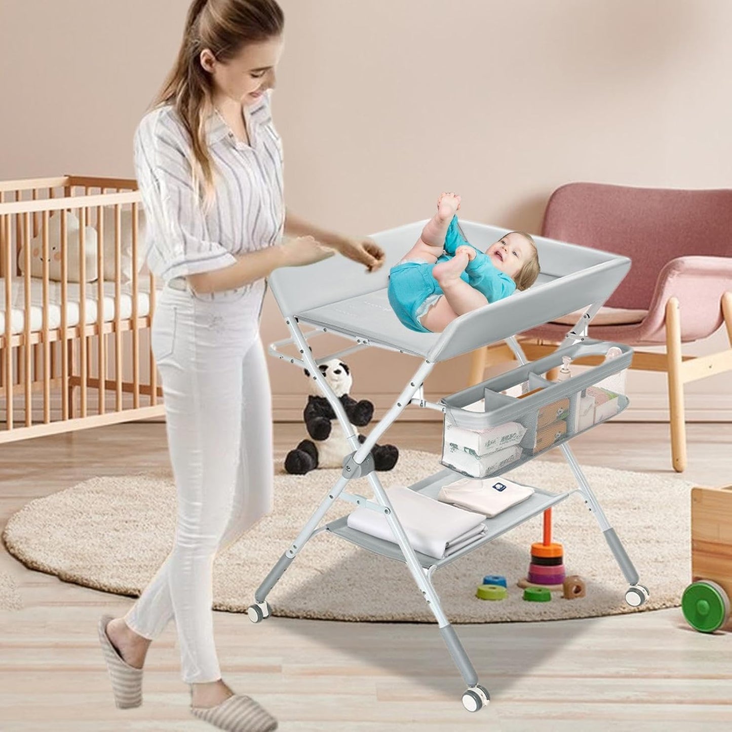 Diaper Changing Table, Foldable, Diaper Changing, Diaper Table, Portable Storage, Comes with Wheels, Baby Care, Bedroom, Diaper Changing Table, Diaper Changing Table, Side Rack, Storage Shelf, Nursery